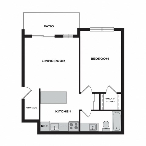 Floor plan for 1 bed, 1 bath, 675 sqft